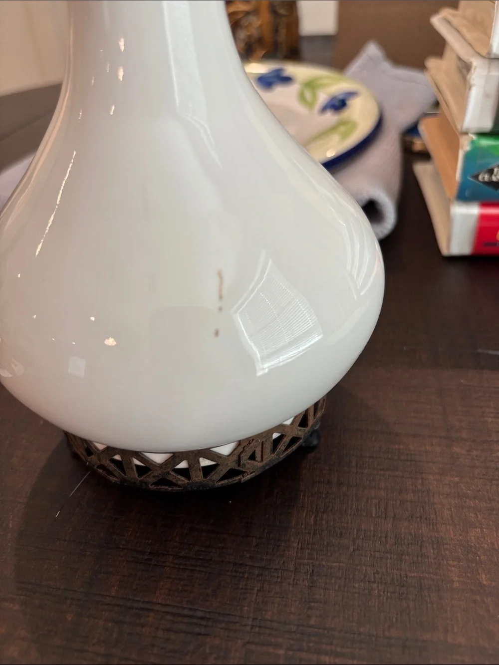 Vintage Gilmer Potteries #624 White Ceramic Gourd Bud Vase with Metal Base